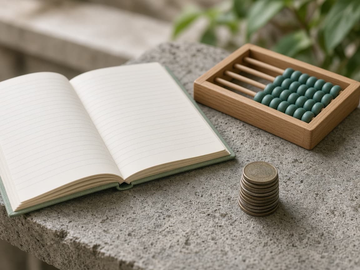 Open ledger and stacked coins