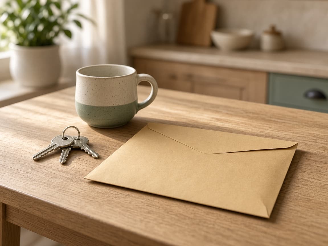 Unopened envelope on a kitchen table