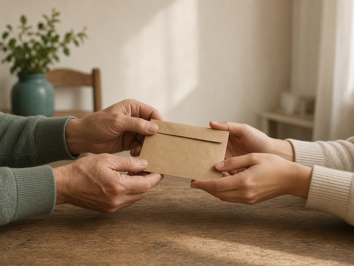 Hands exchanging a kraft envelope